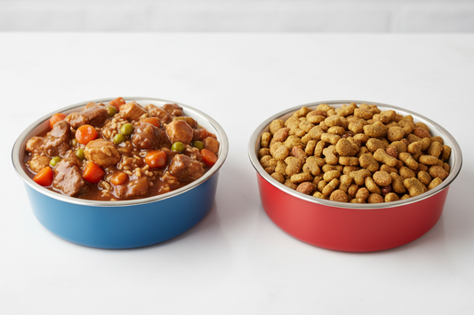 Wet and dry dog food comparison showing pros cons and when to use each type