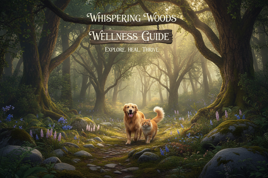 The Whispering Woods of Wellness guide featuring a golden retriever and a cat in a serene forest path