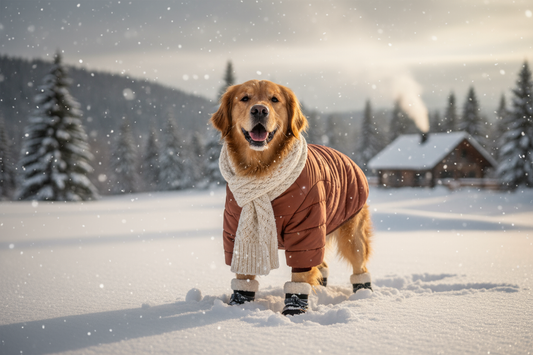 Happy dog in winter coat and boots on a snowy landscape, perfect for the Winter Pet Care Checklist