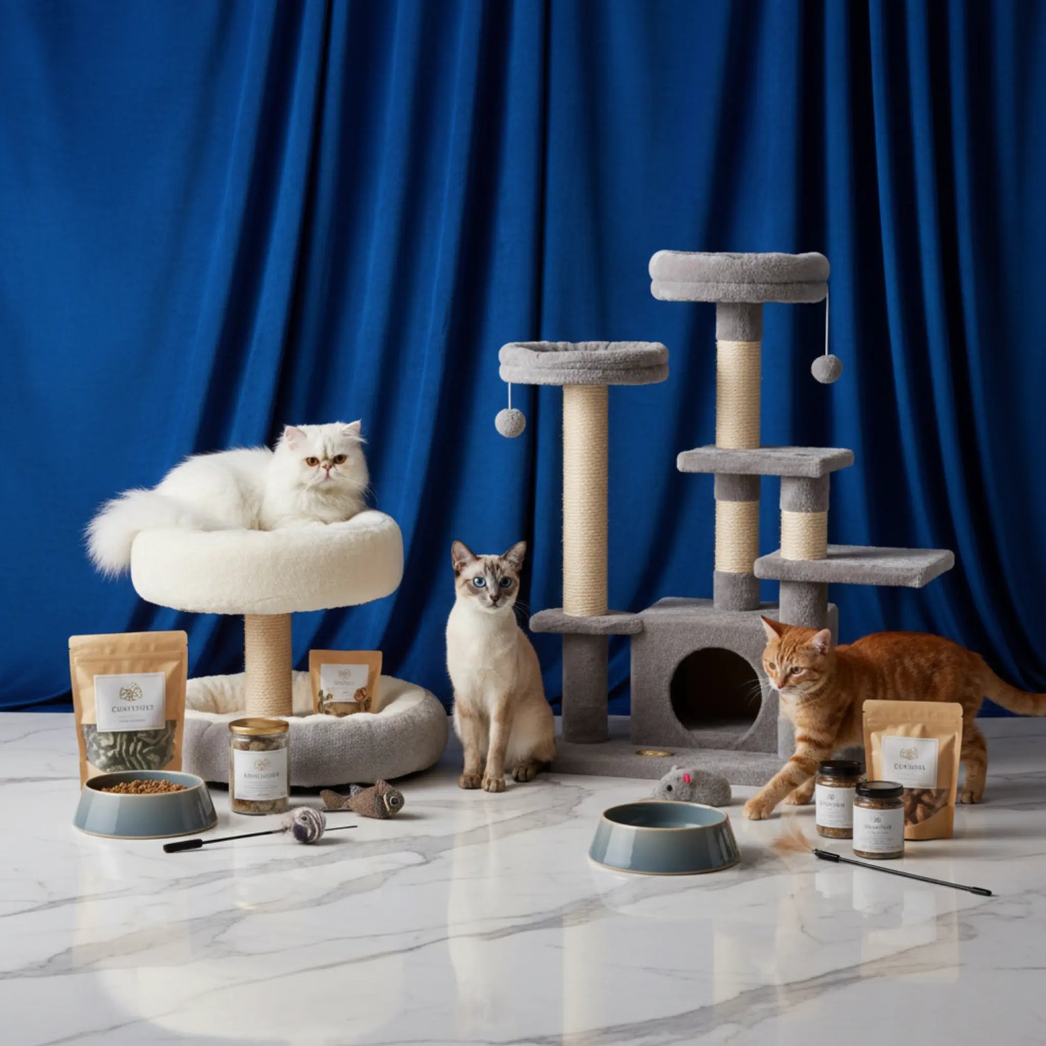 A regal cat lounging on a velvet cushion in a sunlit room, surrounded by modern cat toys and accessories.