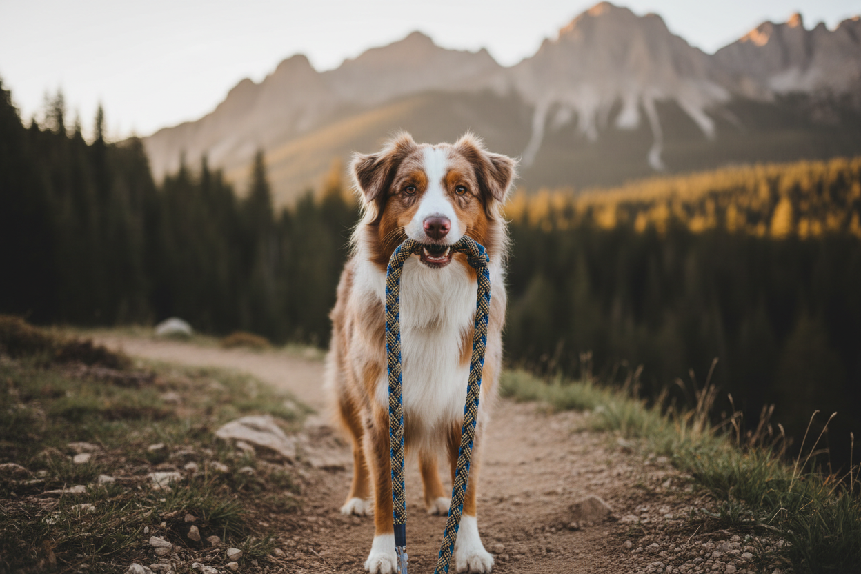 Durable mountain-grade braided rope leash held against a scenic forest trail, earth tones, rugged adventure mood.