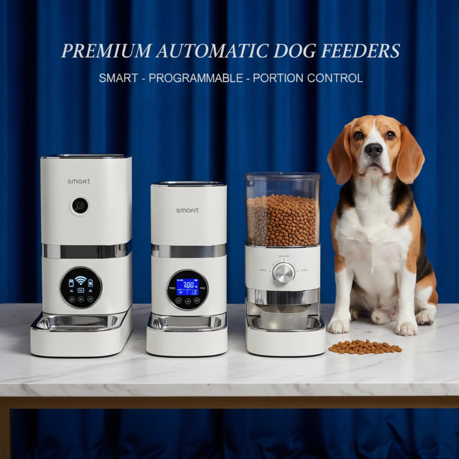 A sleek, modern automatic dog feeder sitting on a clean kitchen floor with a happy dog waiting nearby at sunset.