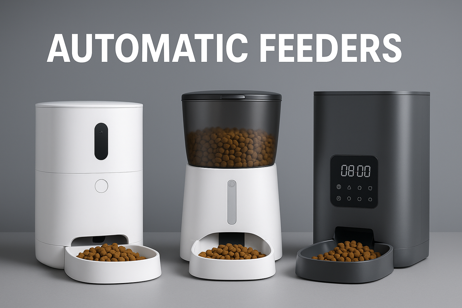 Automatic Feeders collection image showing three modern pet feed dispensers in white and gray on a neutral background