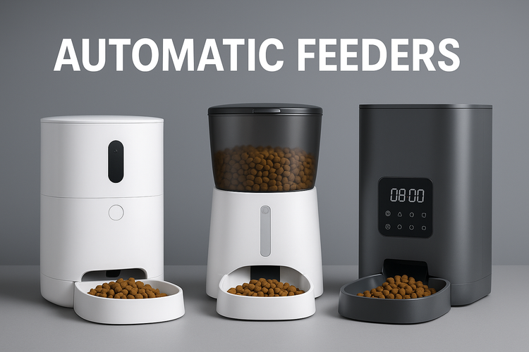 Automatic Feeders collection image showing three modern pet feed dispensers in white and gray on a neutral background