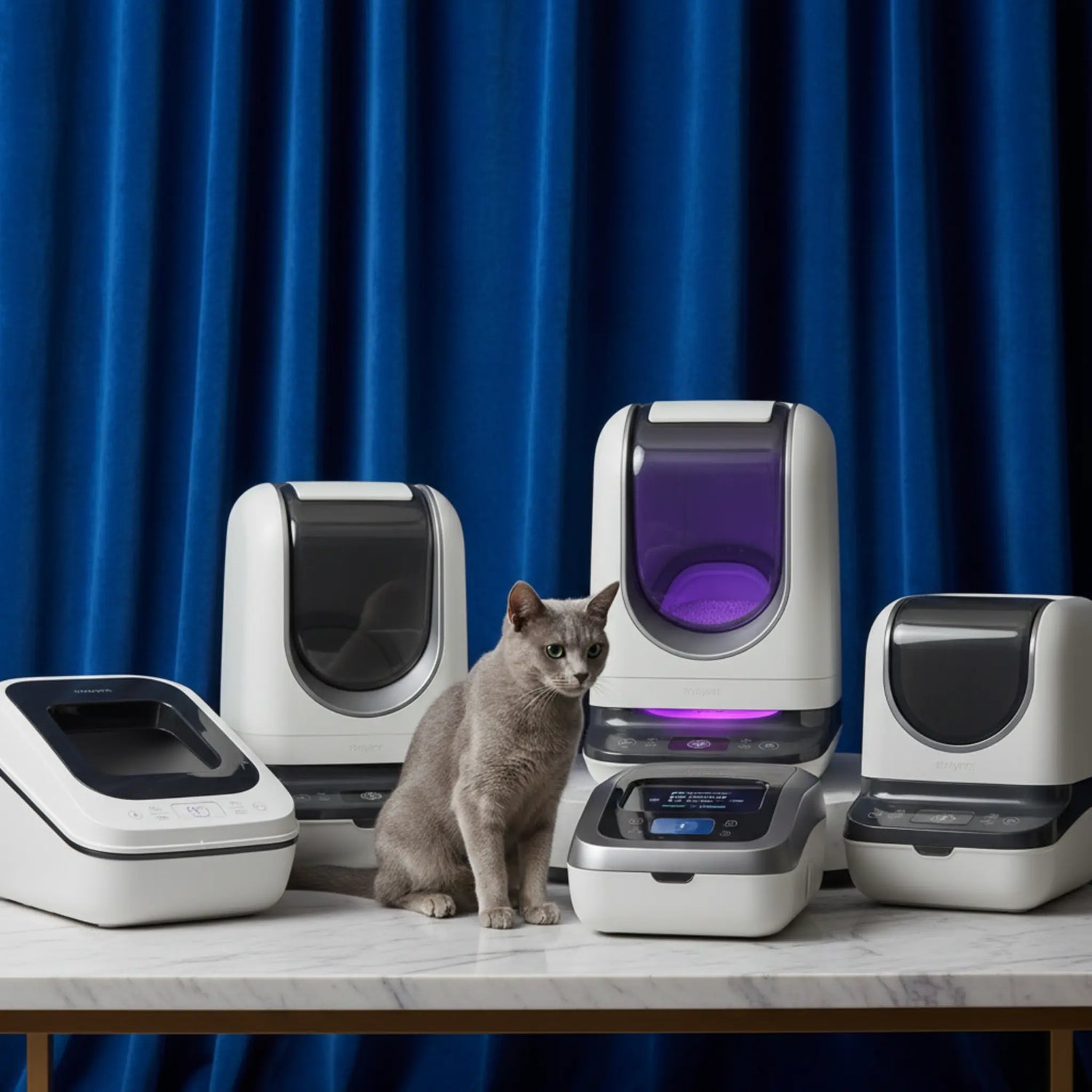 A sleek modern automatic cat litter box in a minimalist sunlit living room with a happy cat, warm neutral tones.