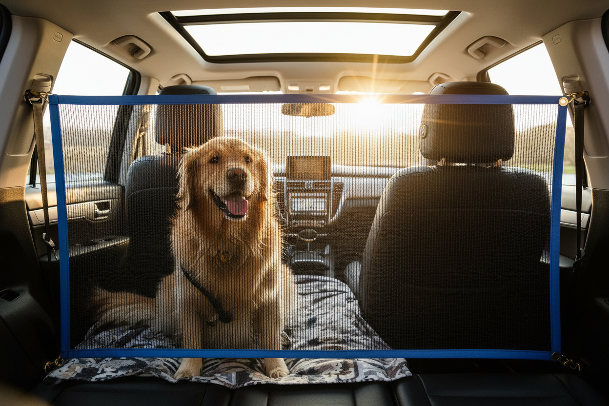 A calm dog sits behind a mesh car barrier, bright sunlight, peaceful road trip, soft warm tones.