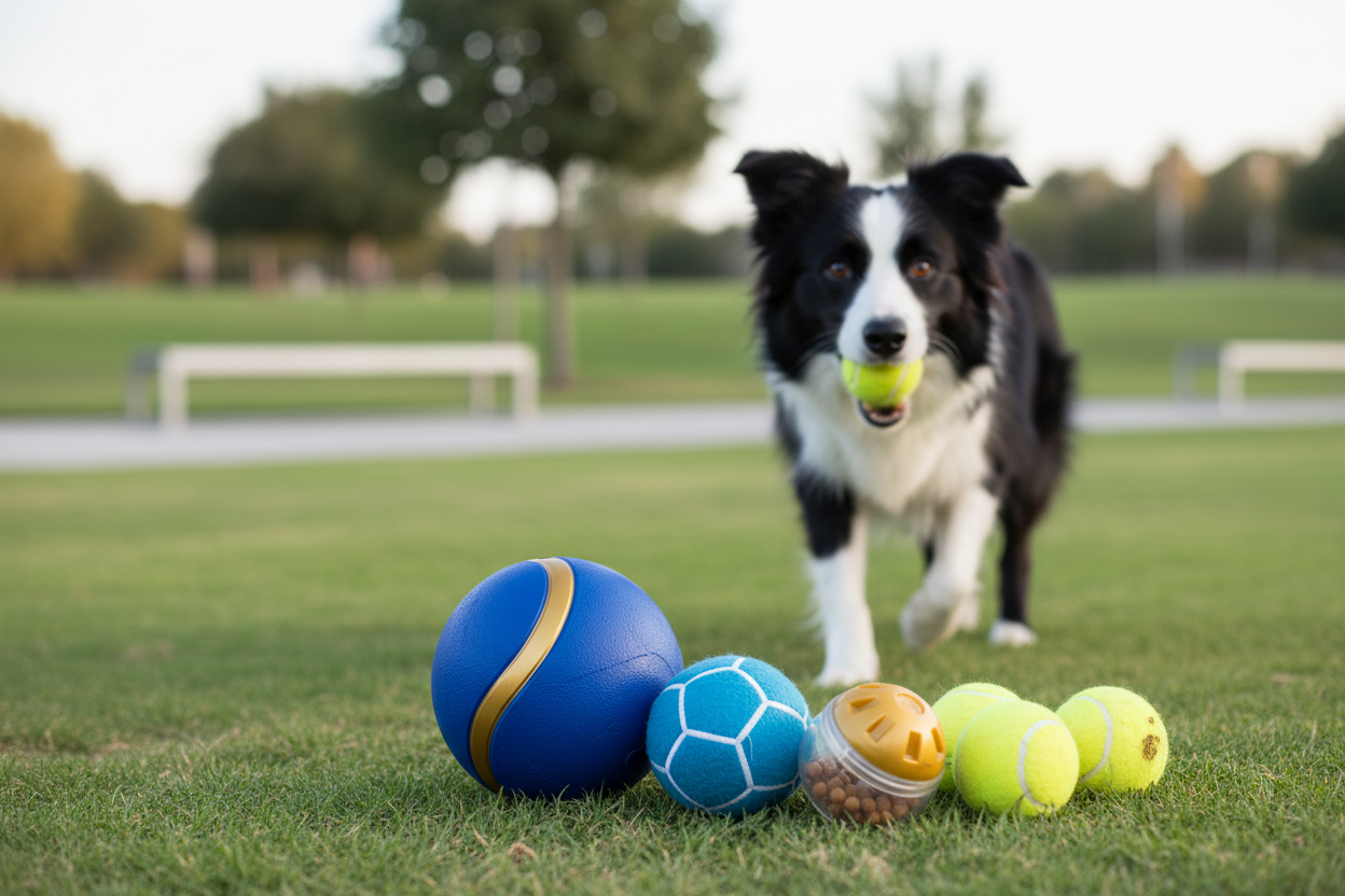 A happy dog catching a colorful, durable rubber ball in a bright, sunny grassy park.