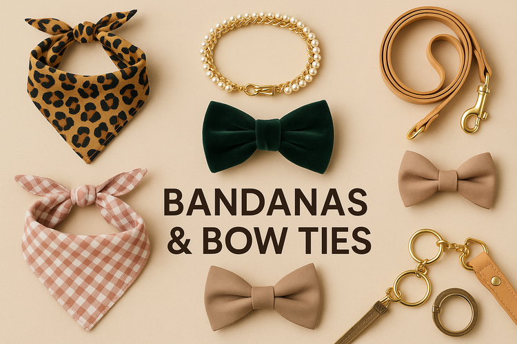 Collection image of stylish pet bandanas and bow ties with collars leashes and accessories