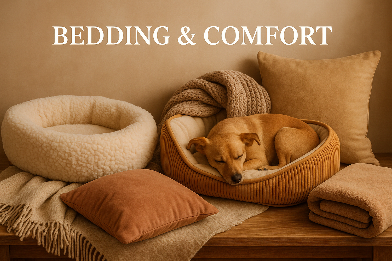 Bedding collection showing small dog sleeping in cozy round pet bed with blankets and pillows
