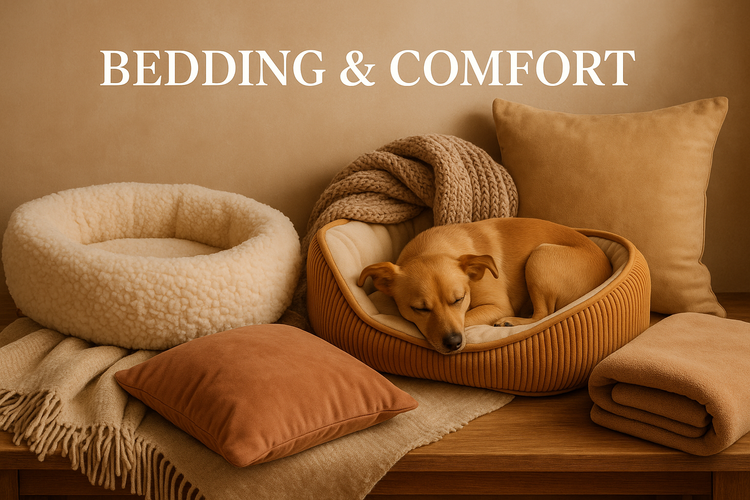 Bedding collection showing small dog sleeping in cozy round pet bed with blankets and pillows