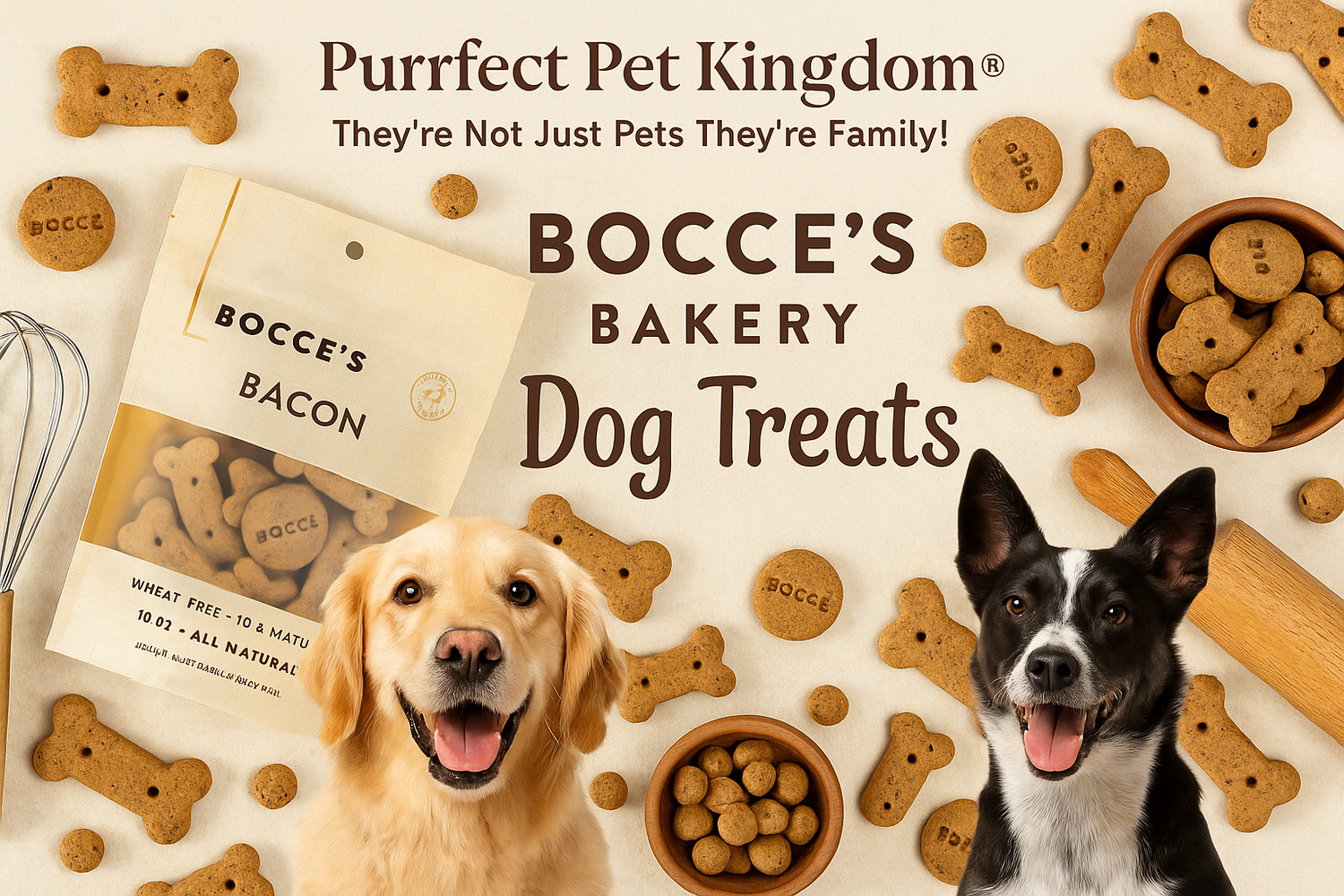 Bocce's Bakery Dog Treats collection featuring happy dogs and artisanal treats on a vibrant background