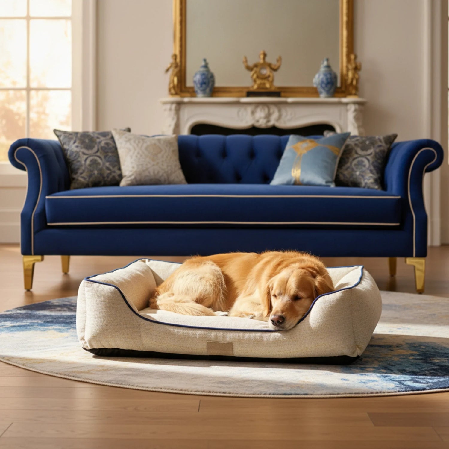 A golden retriever sleeping peacefully on a plush, charcoal grey bolster bed in a sunlit, cozy modern living room.