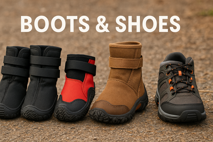 Row of pet boots and a hiking shoe on gravel in black red brown and gray showing outdoor protective designs