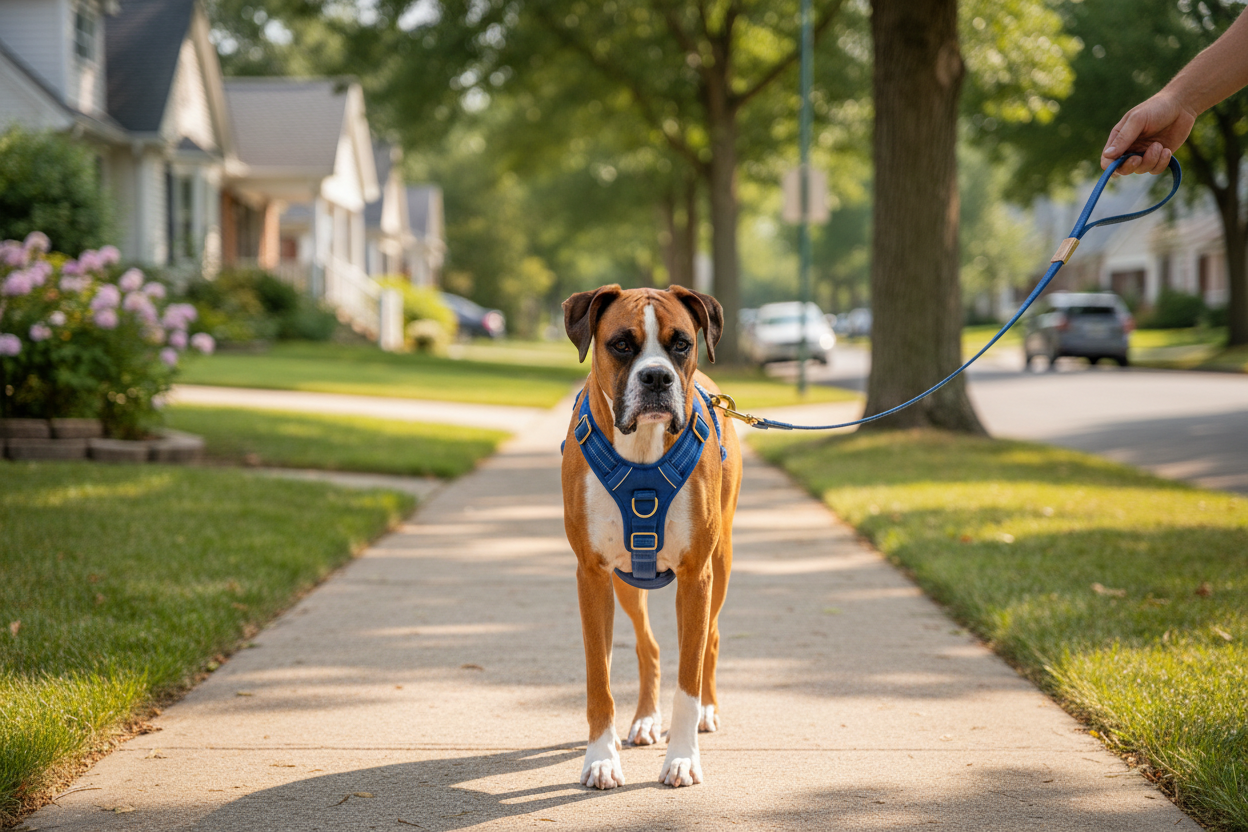 A happy dog in a no-pull harness walking calmly on a sunny park path, expressing control and joy.