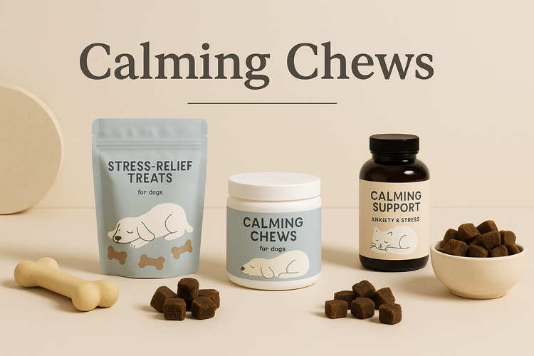 Calming Chews collection display with stress relief treat pouch, jar, supplement bottle, dog chews in bowl and bone toy