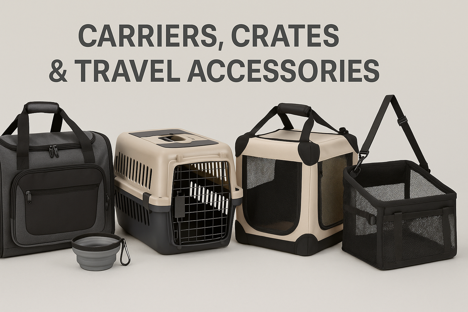Variety of pet Carriers crates and travel accessories including soft sided bag hard shell crate cube and travel bowl
