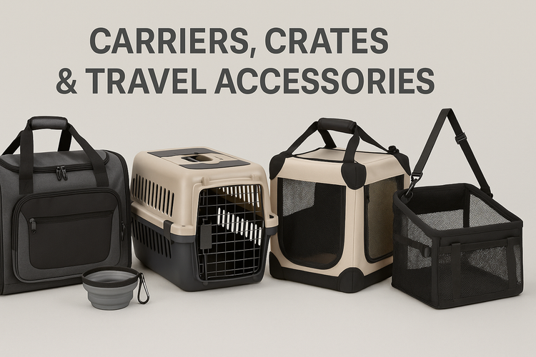 Variety of pet Carriers crates and travel accessories including soft sided bag hard shell crate cube and travel bowl