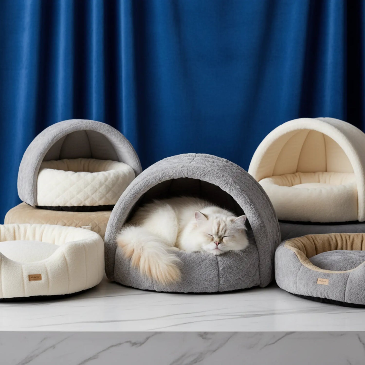 Cozy, plush cat bed in a sunlit, modern living room with warm, neutral tones and a sleeping tabby cat.