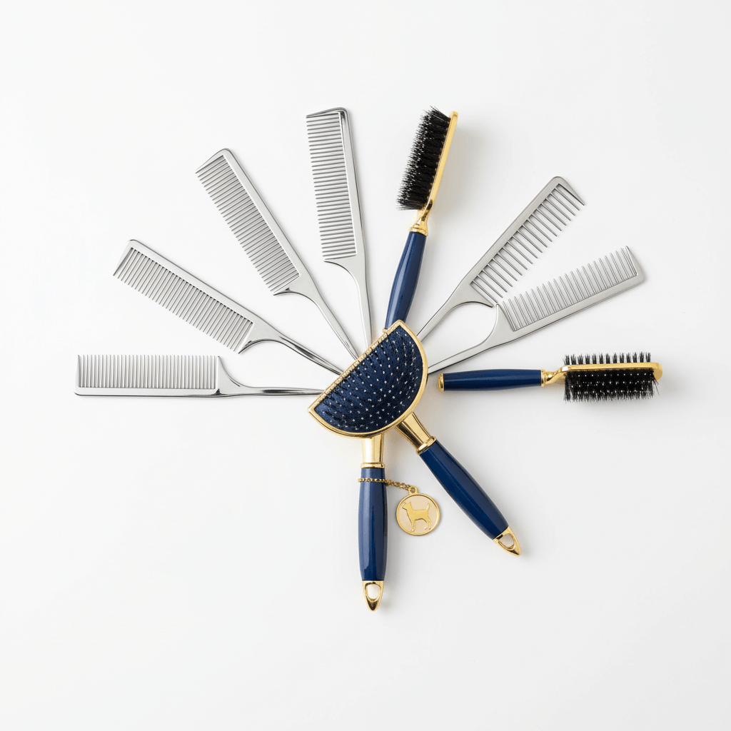 A fluffy cat enjoying a gentle brushing with a sleek professional grooming tool in a bright, cozy home setting.