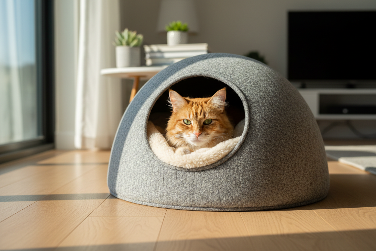 Cozy, plush felt cat cave in a warm living room, soft earth tones, inviting sanctuary for a sleeping cat.