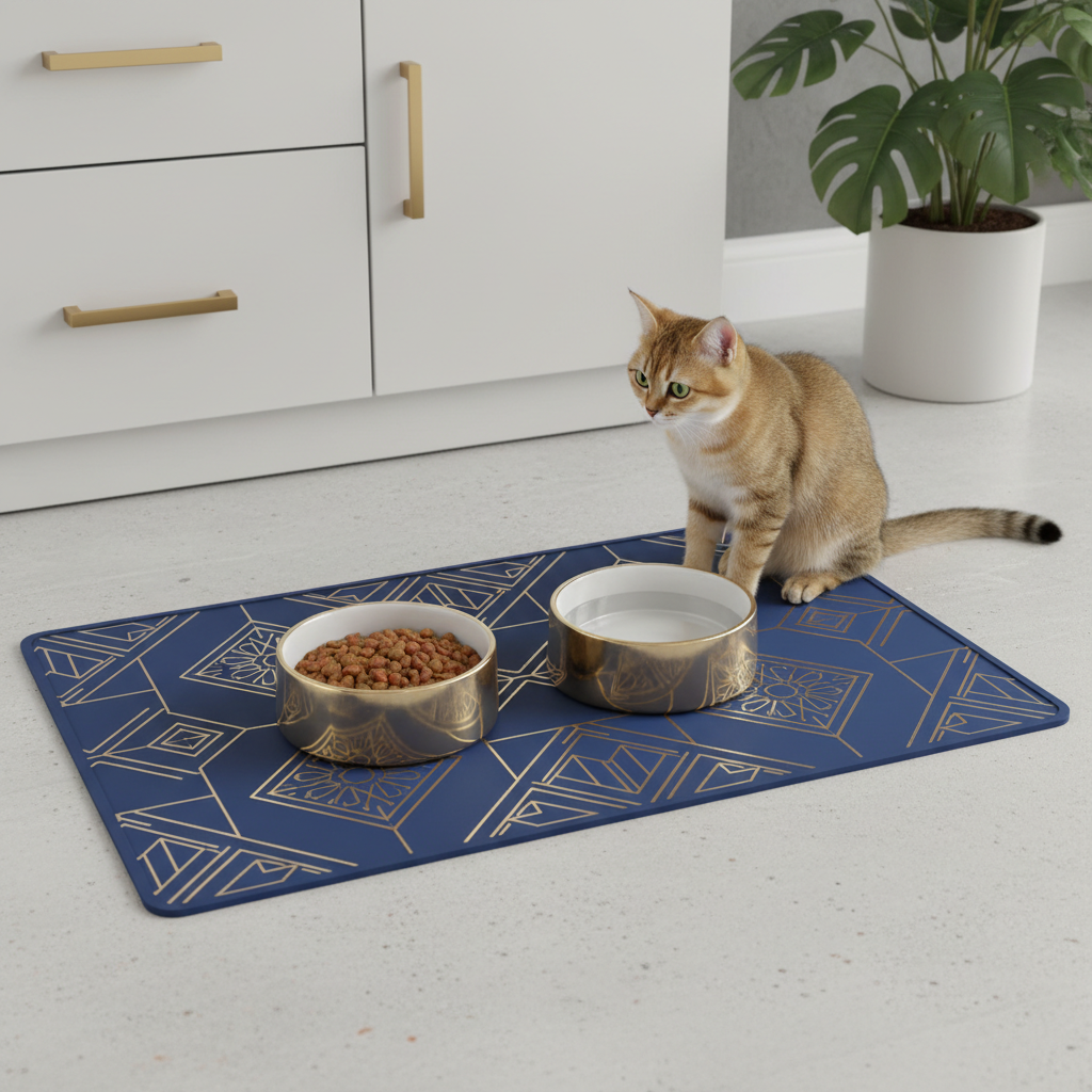 A sleek, minimalist cat feeding mat on a clean wooden floor, with a ceramic bowl, warm natural lighting.
