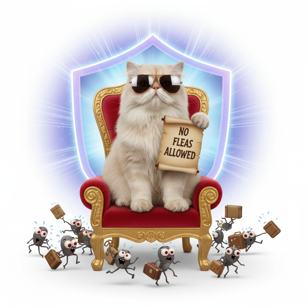 Contented ginger cat lounging in a sunlit meadow, featuring soft natural tones and a peaceful, healthy atmosphere.