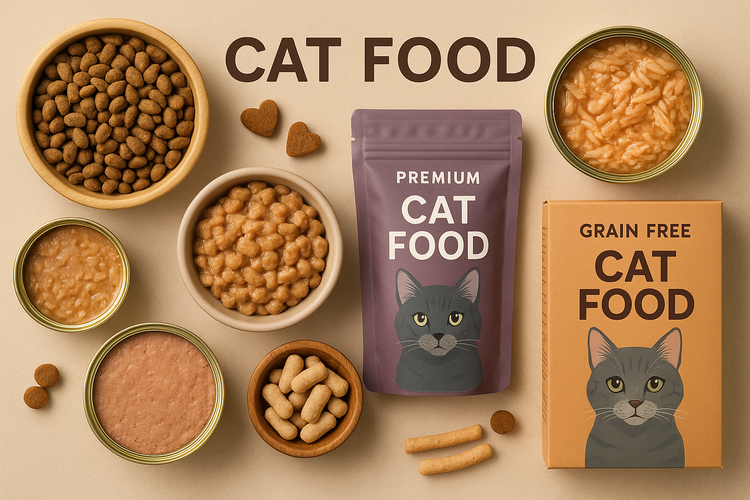 Assortment of Cat Food packaging and bowls showing premium grain free wet and dry food and treats