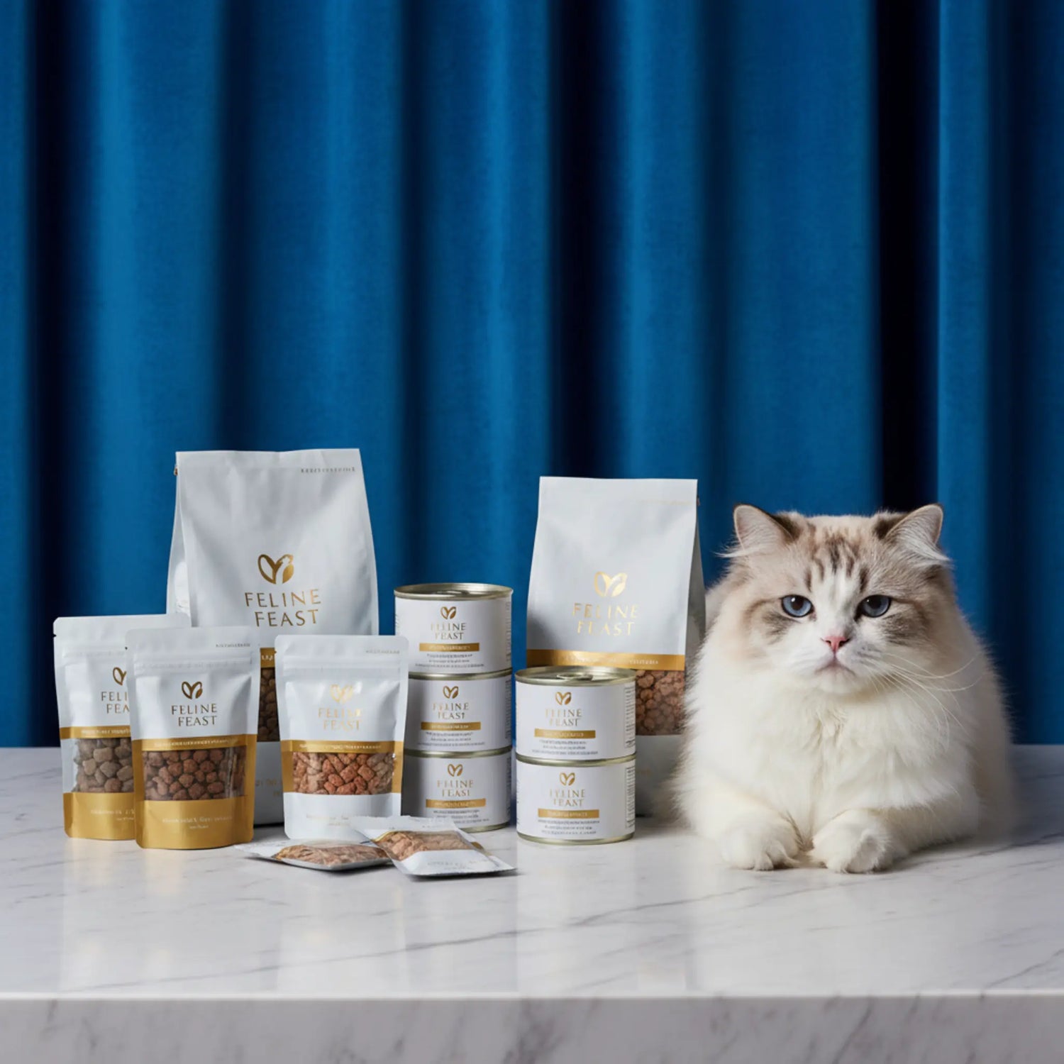 A healthy cat enjoying a nutritious bowl of premium food in a bright, modern, minimalist home kitchen.