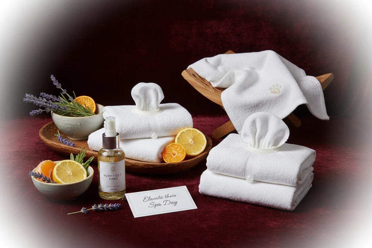 A happy golden retriever being brushed with a slicker brush in a bright, clean, modern home grooming station.