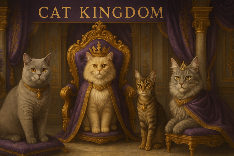 Cat Kingdom collection image of four regal cats in royal throne room wearing crowns collars and luxurious purple capes