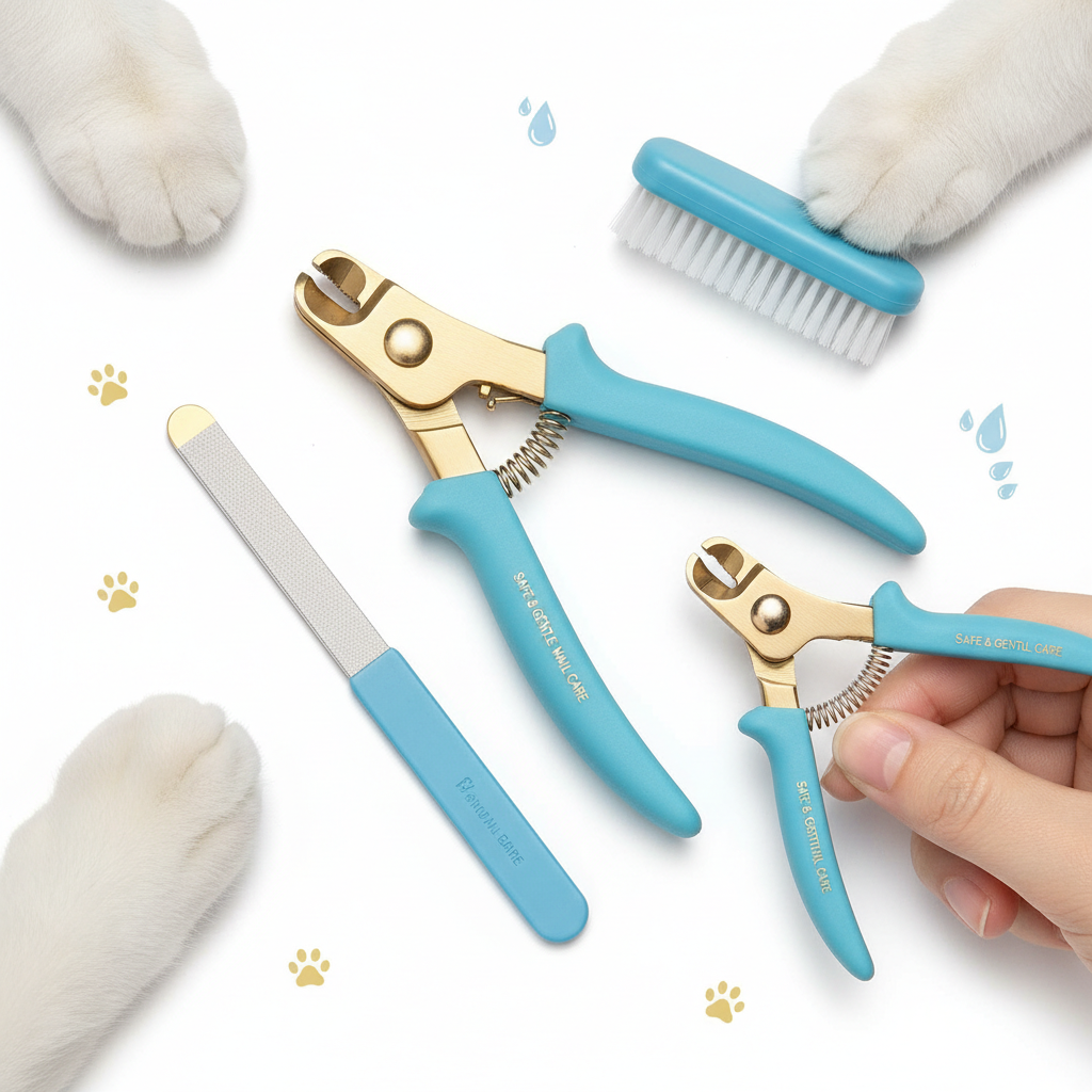 A calm, gentle cat getting a nail trim with silver clippers in a sunlit, cozy home setting.