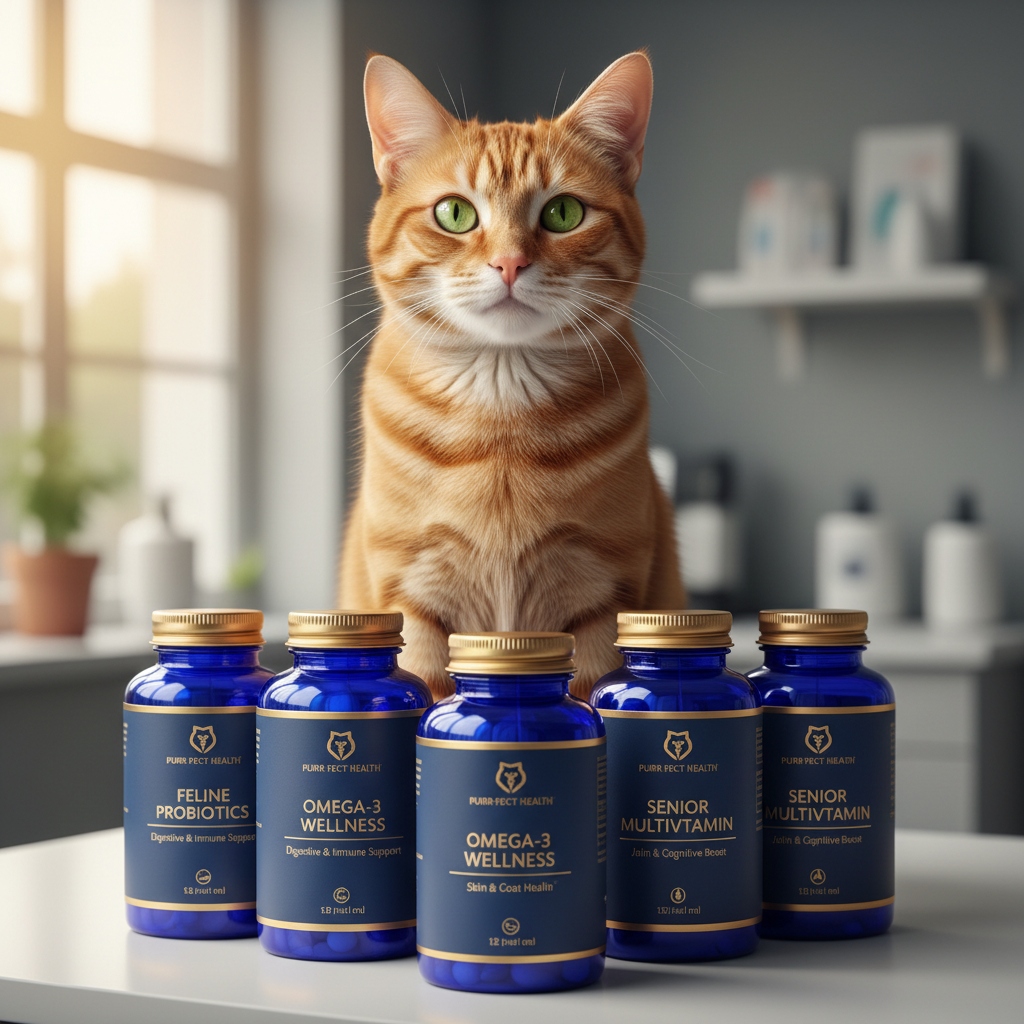 Healthy cat sitting near jars of vitamins in a bright, cozy modern kitchen with warm sunlight and soft tones.