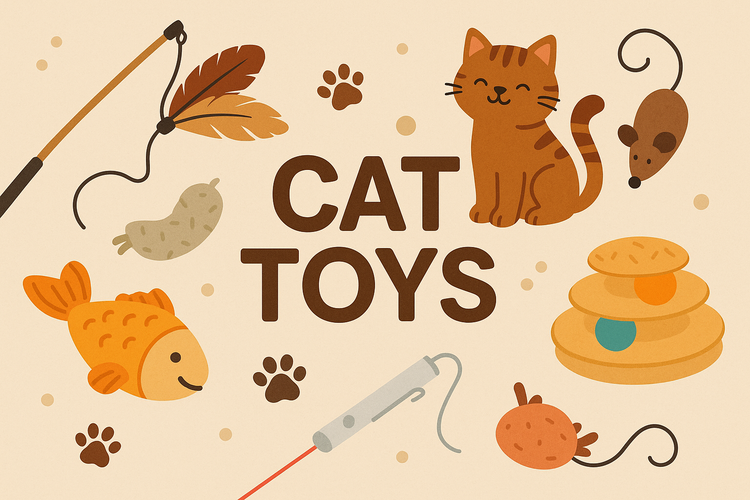 Cat Toys collection illustration showing a playful cat with feather wand mouse fish balls and paw prints