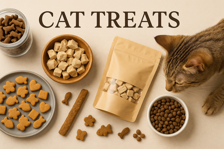 Cat Treats assortment of shaped bite sized rewards in bowls plates and a resealable pouch with curious tabby cat