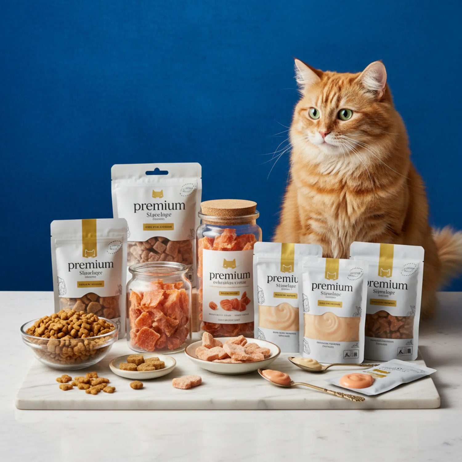 A happy tabby cat eagerly waiting for a handful of crunchy, colorful gourmet cat treats on a clean wooden surface.