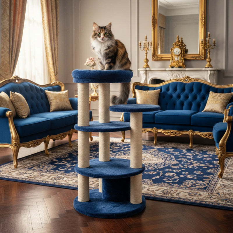 A sleek modern cat tree in a sunlit living room with neutral tones, showcasing multiple levels and soft textures.