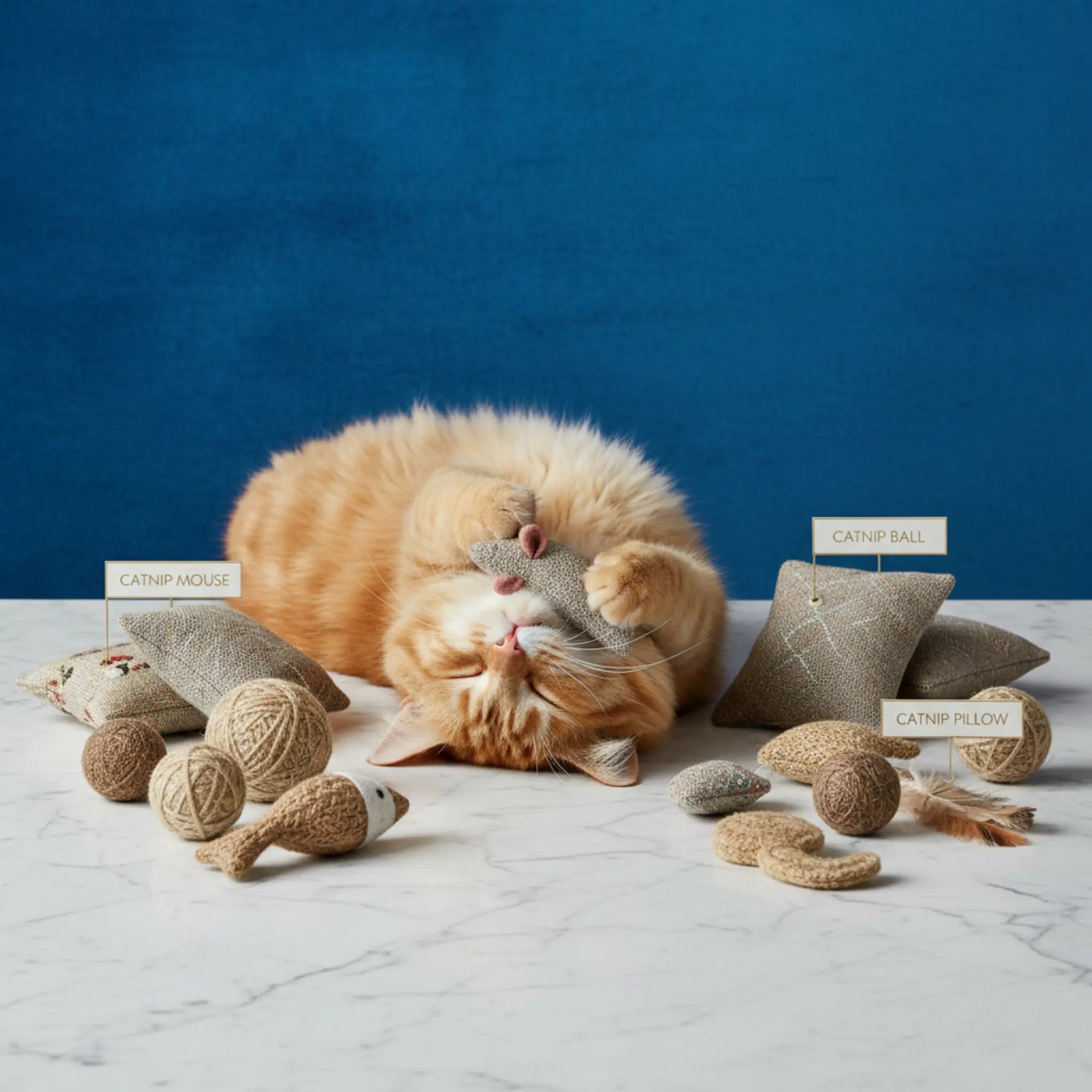 A playful ginger cat pouncing on colorful organic catnip toys on a sunlit wooden floor.