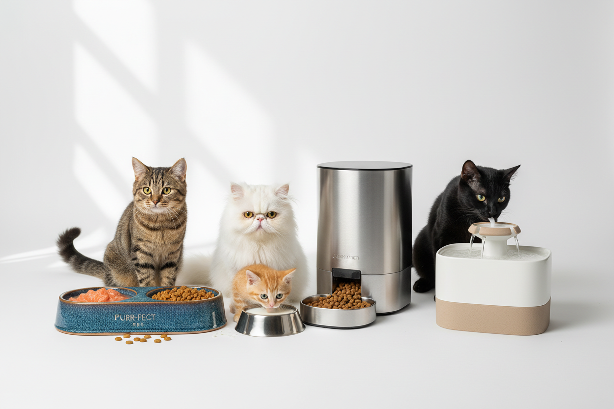 Cats using ceramic bowls, automatic feeders, and water fountains - demonstrates quality feeding solutions.