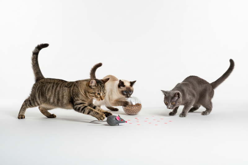Cats hunting motorized mice, chasing laser dots, and solving puzzle feeders - captures natural hunting instincts.