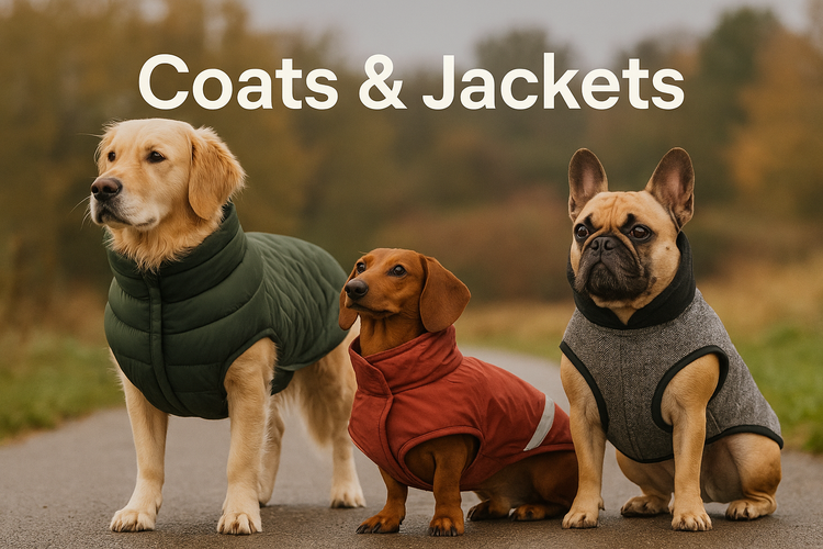 Coats for dogs collection showing three breeds wearing insulated and waterproof jackets on an outdoor fall walk