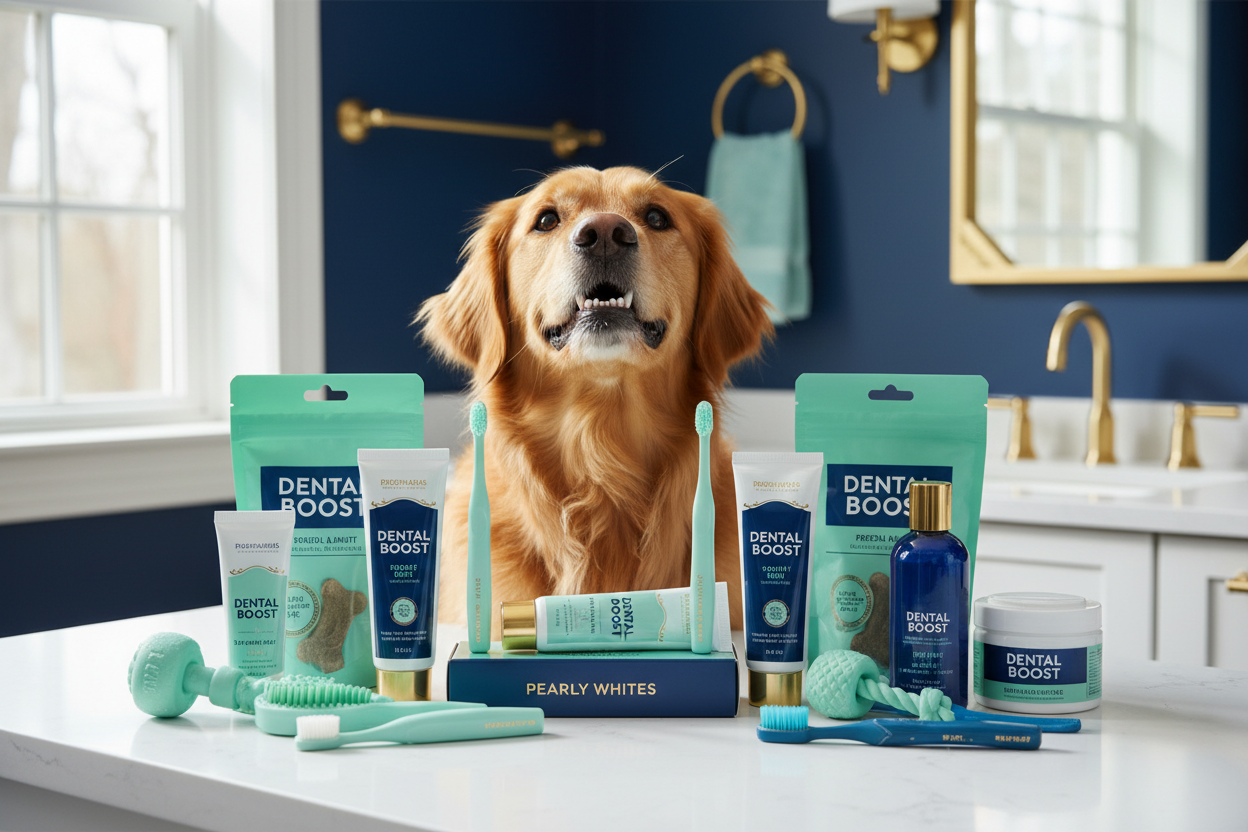 A smiling dog and cat sitting together in a bright, clean room with soft blue and white accents.