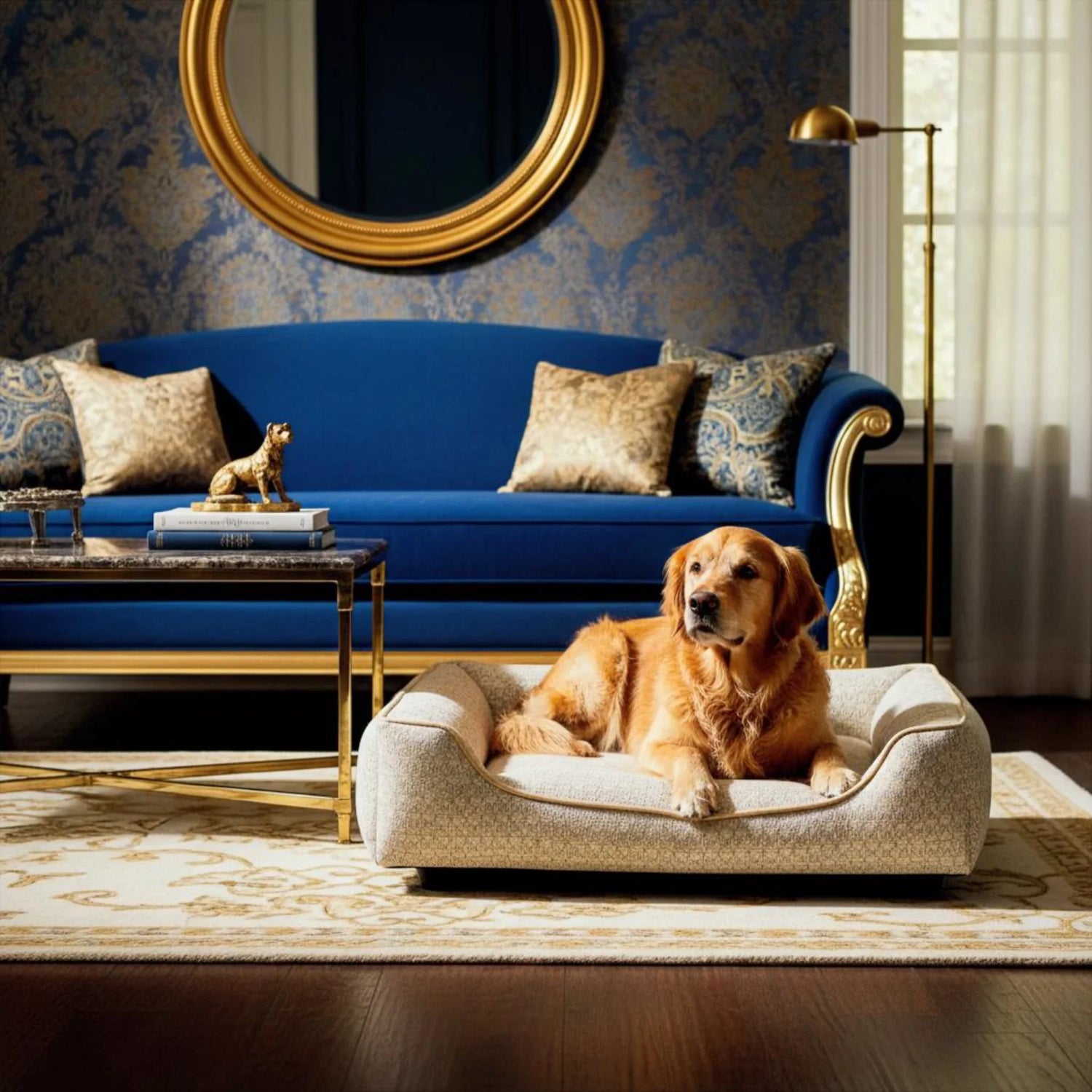 A cozy, plush dog bed in a sunlit living room, featuring a golden retriever sleeping peacefully in neutral tones.