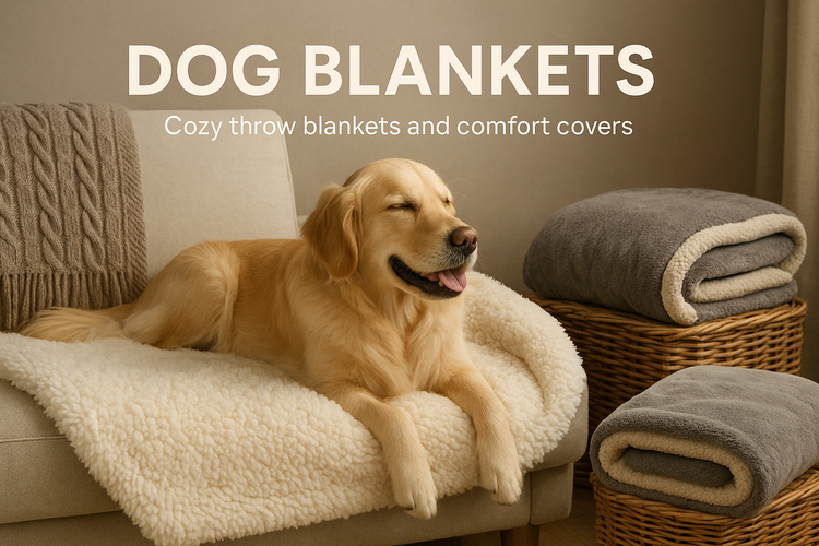 Dog Blankets image of a golden retriever resting on a plush throw blanket beside folded gray blankets in wicker baskets