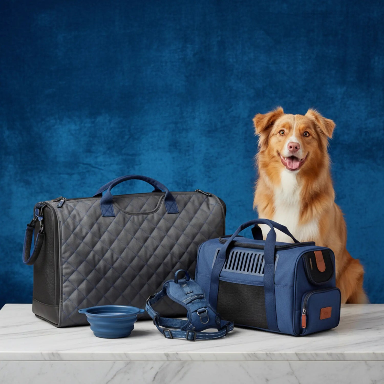 A happy dog looking out a car window with a bright, sunny, adventurous mood in warm, inviting tones.
