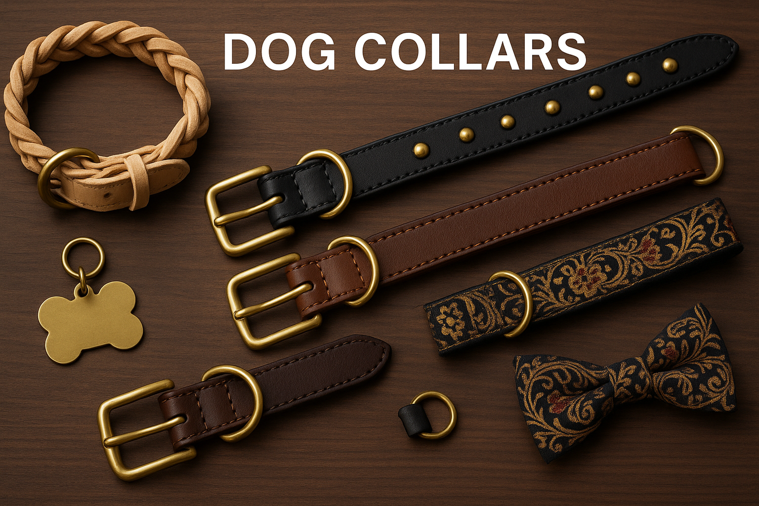 Dog Collars collection showing premium leather collars with brass buckles braided collar ID tag and bow tie on wood