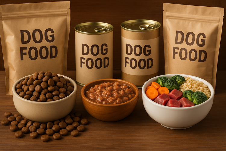 Assortment of Dog Food products with kibble, canned wet food, and bowls of raw meat and vegetables