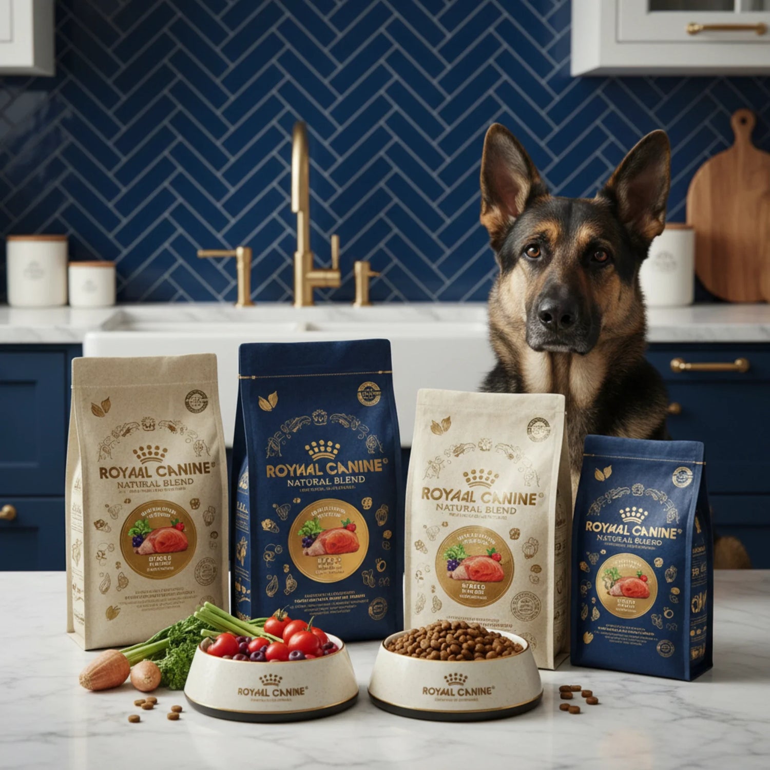 A healthy, happy dog enjoying a nutritious meal in a bright, modern kitchen with warm, inviting natural light.