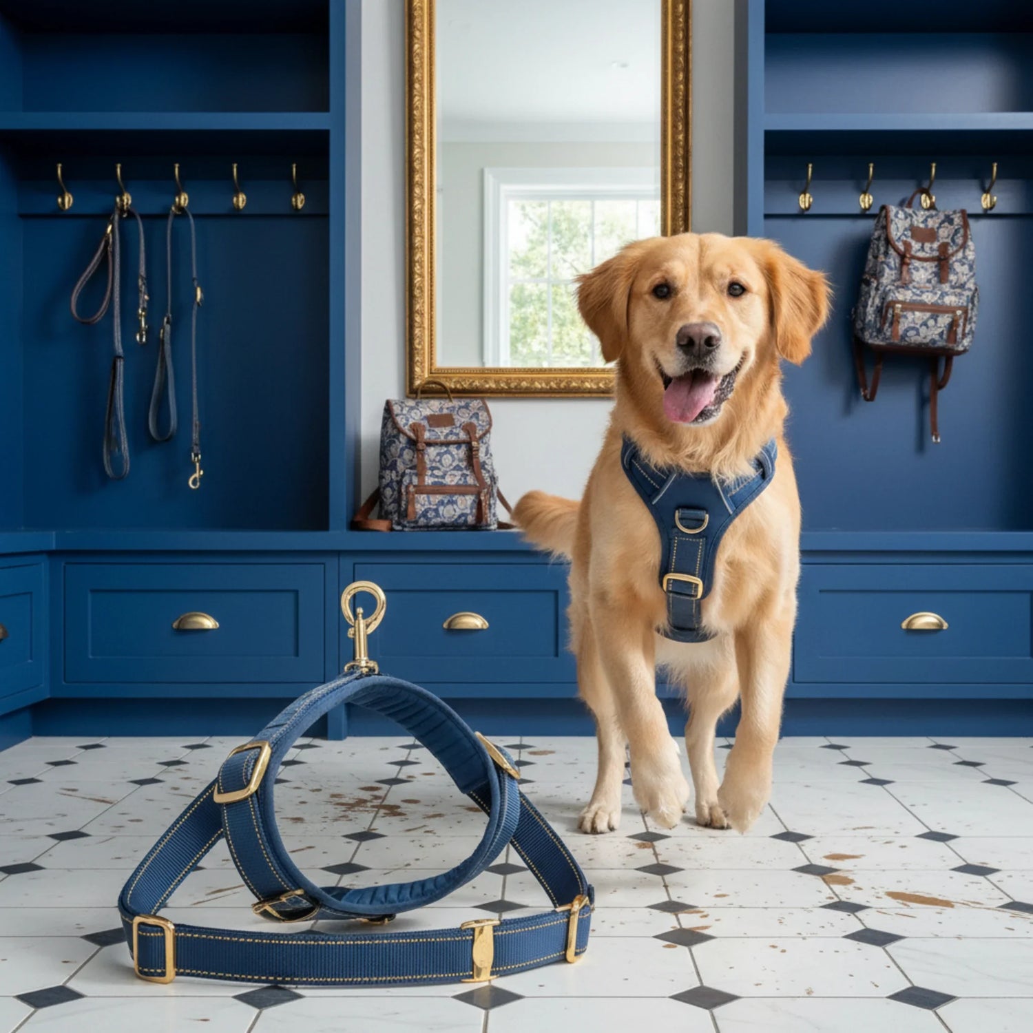 A happy dog wearing a comfortable, stylish harness walking with its owner on a sunny, vibrant park path.