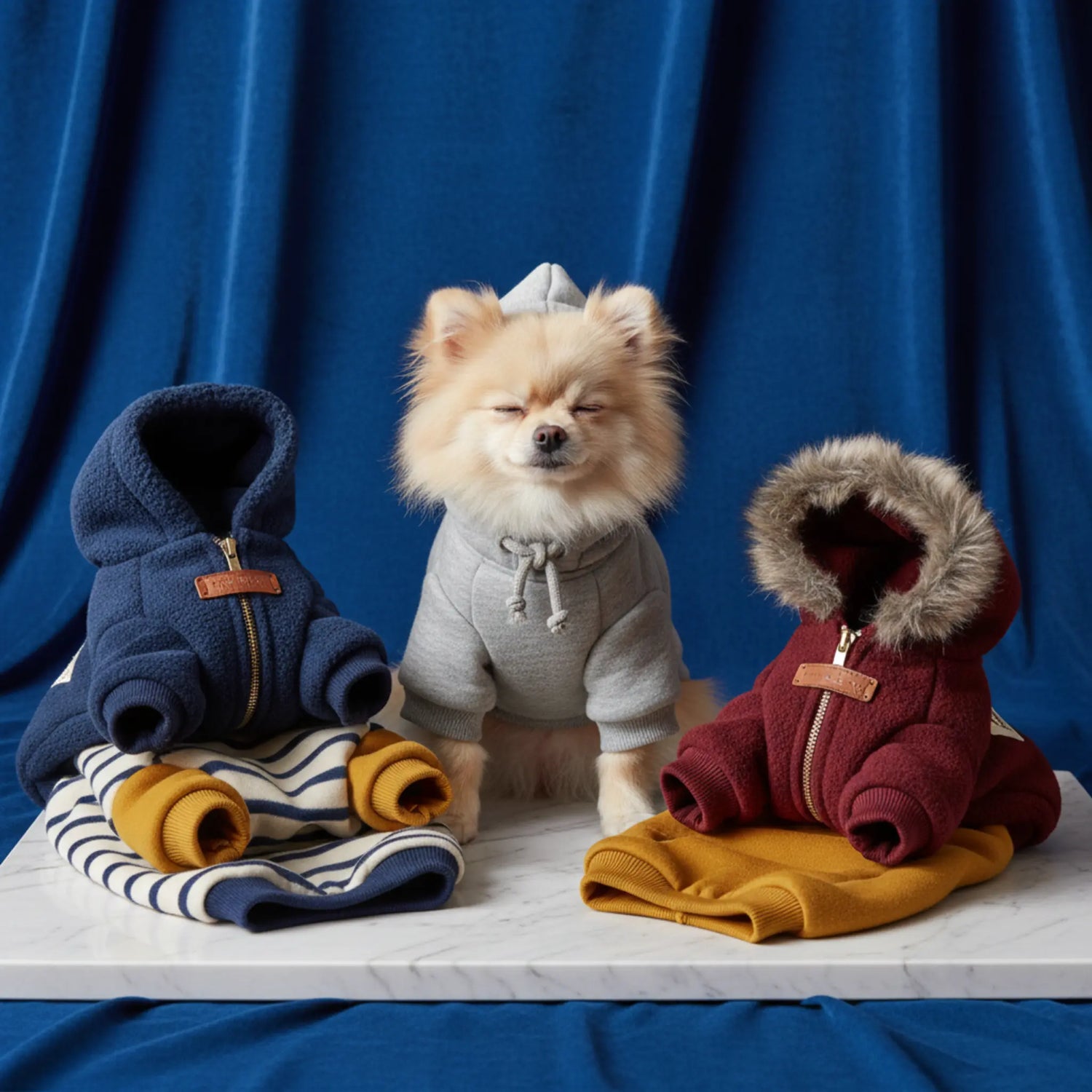 A stylish dog wearing a soft, colorful hoodie in a cozy, sunlit living room, exuding warmth and comfort.