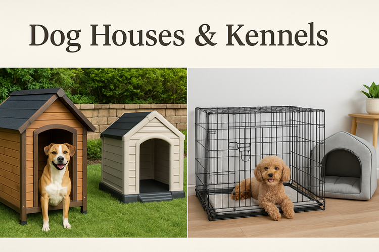 Dog houses and kennels showing outdoor wooden and plastic dog houses with a happy dog and an indoor wire crate with poodle